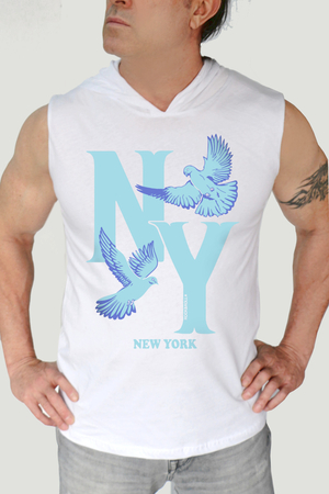Ny Güvercinleri Beyaz Kapüşonlu Kolsuz Erkek T-shirt - Thumbnail