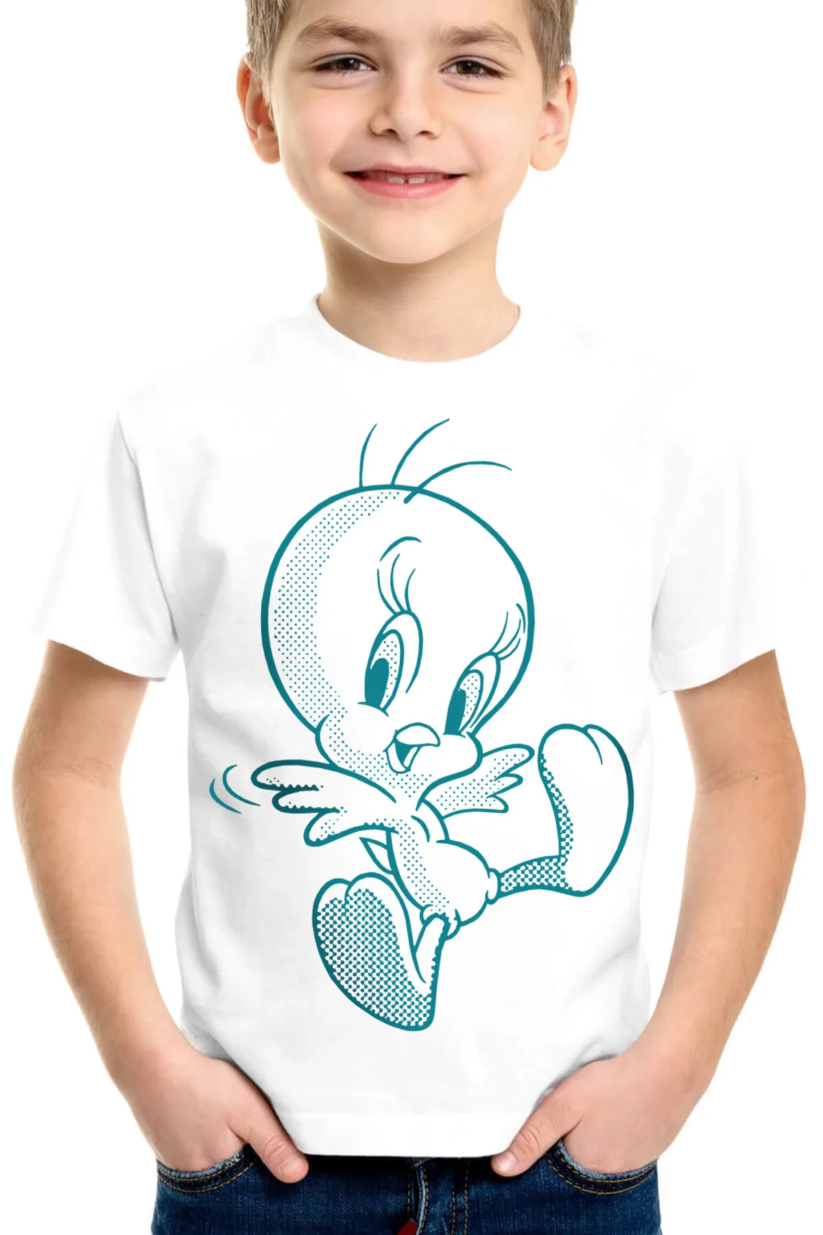 Neşeli Kuş Beyaz Kısa Kollu Çocuk T-shirt - Thumbnail