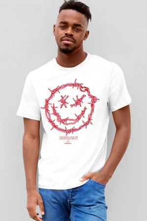 Dikenli Yüz Beyaz Kısa Kollu Erkek T-shirt - Thumbnail