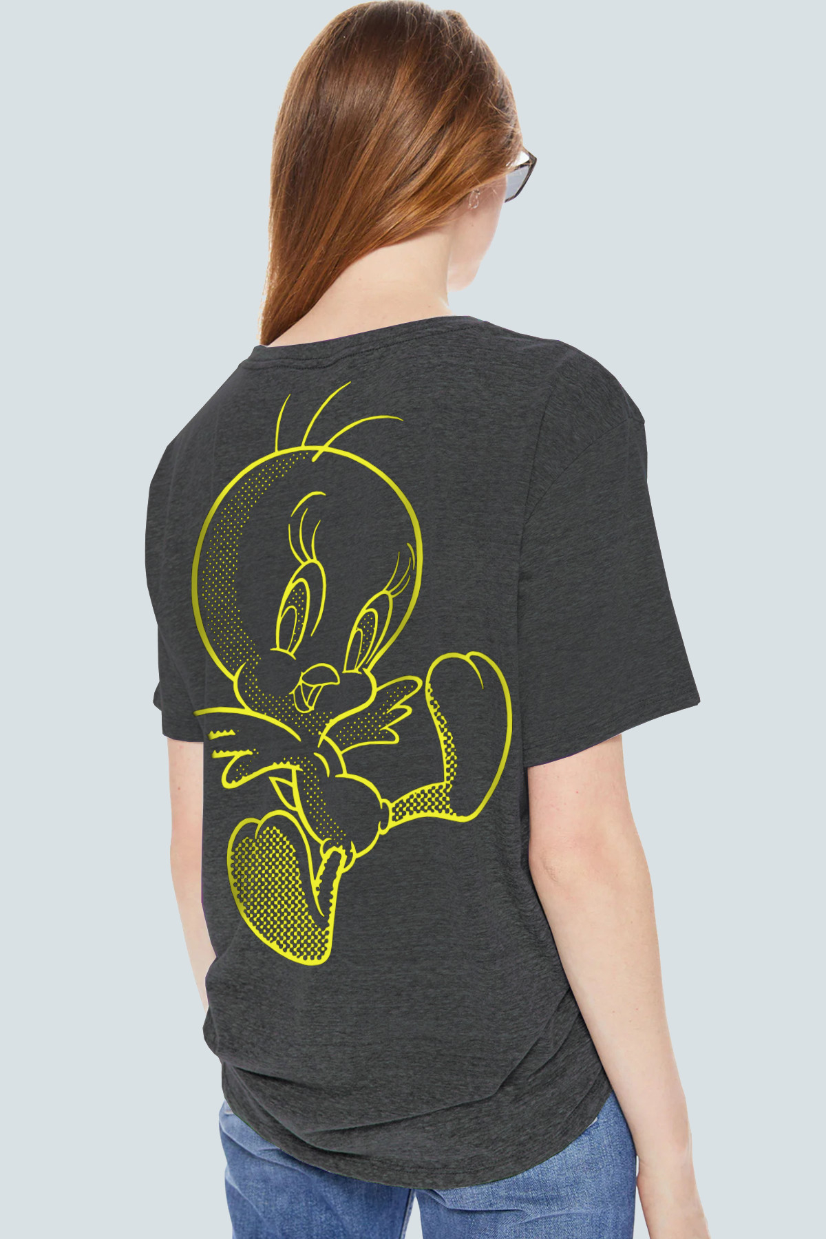Neşeli Kuş Antrasit Arka Baskılı Oversize Kısa Kollu Kadın T-shirt