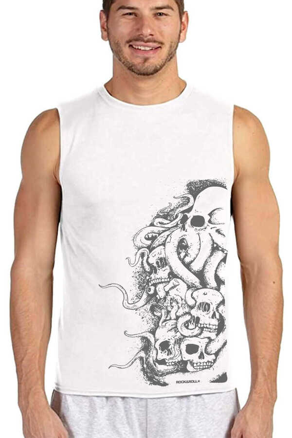 Büyük Ahtapot Beyaz Kesik Kol | Kolsuz Erkek T-shirt | Atlet