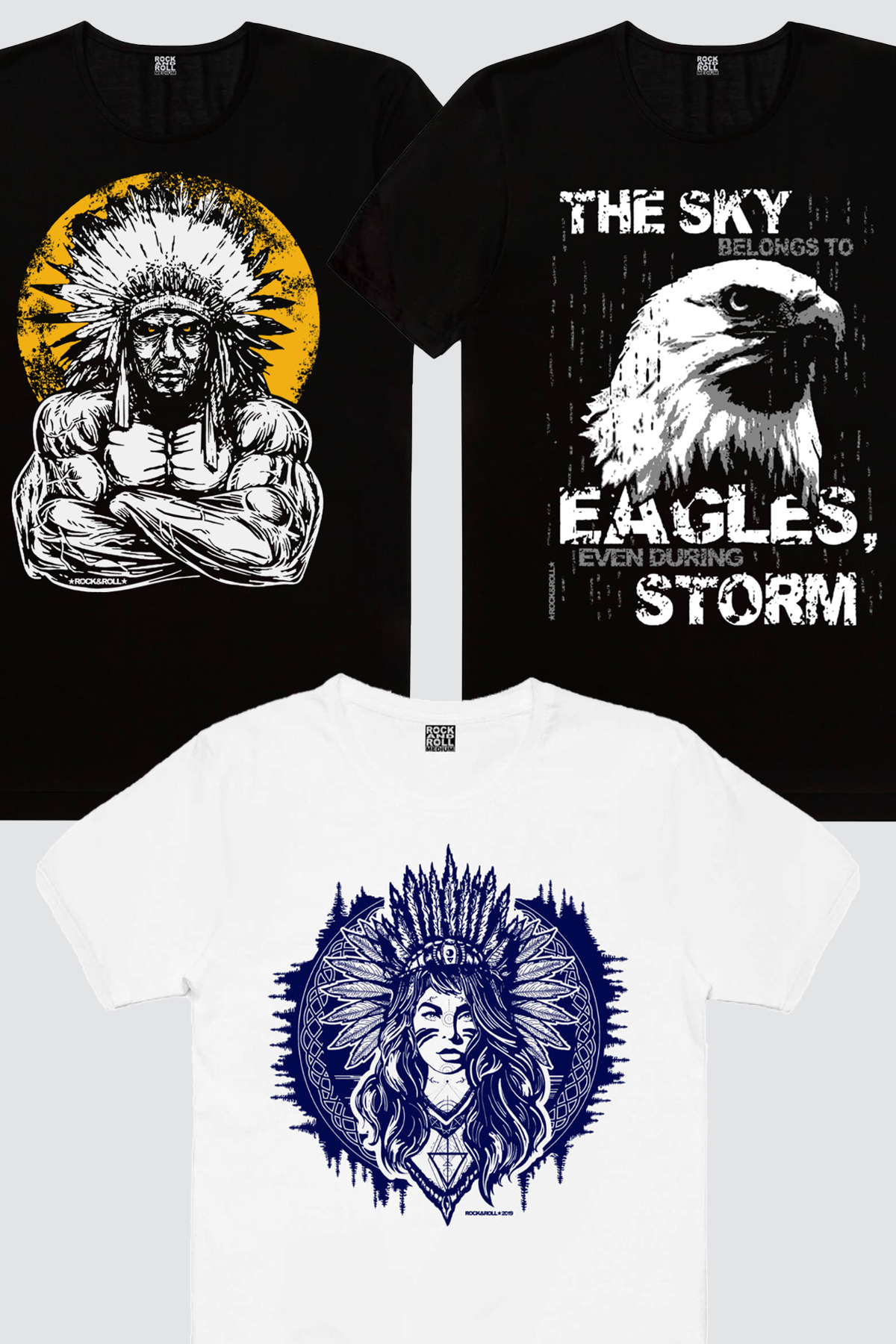 Büyük Şef, Kızılderili Kız Beyaz, Göklerin Kartalı Erkek 3'lü Eko Paket T-shirt