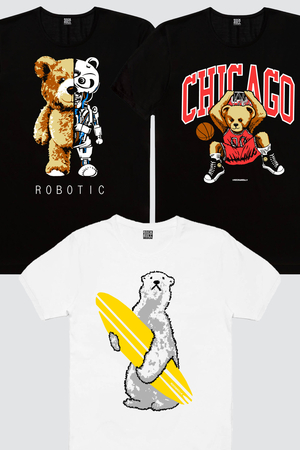 Rock & Roll - Chicago Baket, Robot Ayı, Kutup Sörfü Erkek 3'lü Eko Paket T-shirt