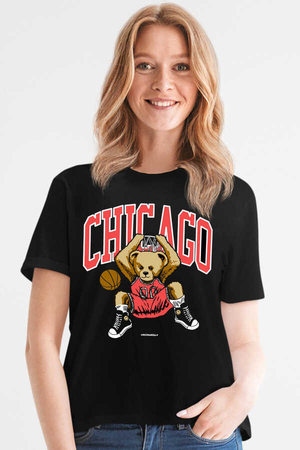 Chicago Basket Kısa Kollu Siyah Kadın T-shirt - Thumbnail