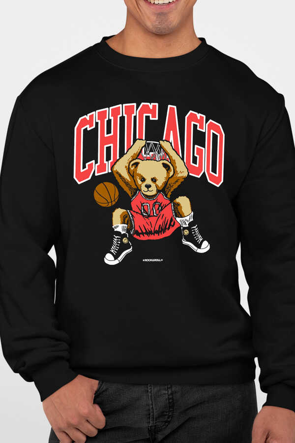 Chicago Basket Siyah Bisiklet Yaka Kalın Erkek Sweatshirt