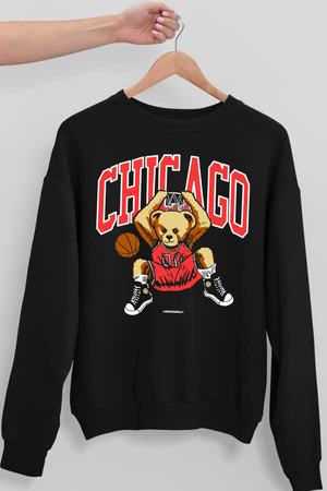 Chicago Basket Siyah Bisiklet Yaka Kalın Erkek Sweatshirt - Thumbnail