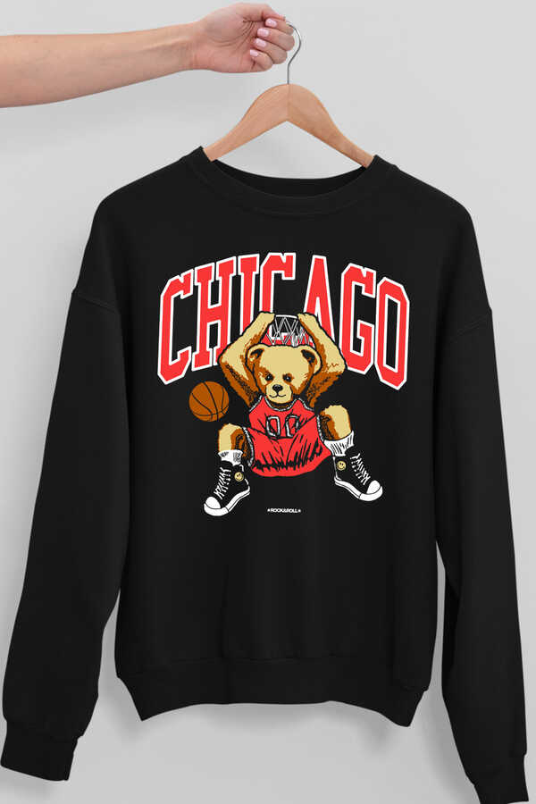 Chicago Basket Siyah Bisiklet Yaka Kalın Erkek Sweatshirt