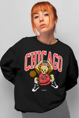  - Chicago Basket Siyah Bisiklet Yaka Kalın Kadın Oversize Sweatshirt