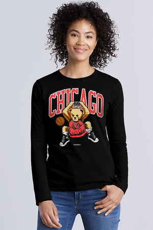  - Chicago Basket Siyah Bisiklet Yaka Uzun Kollu Penye Kadın T-shirt
