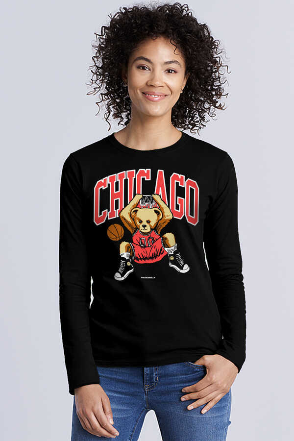 Chicago Basket Siyah Bisiklet Yaka Uzun Kollu Penye Kadın T-shirt
