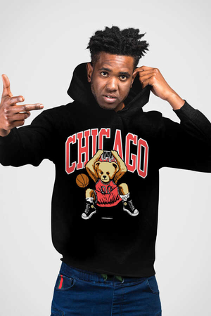 Chicago Basket Siyah Kapüşonlu Erkek Sweatshirt - Thumbnail