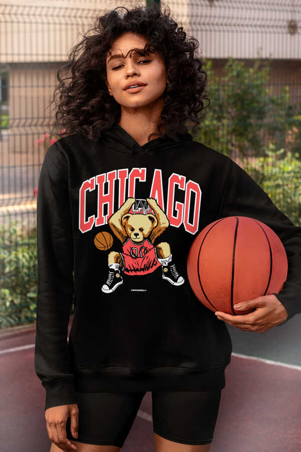 Chicago Basket Siyah Kapüşonlu Kadın Sweatshirt