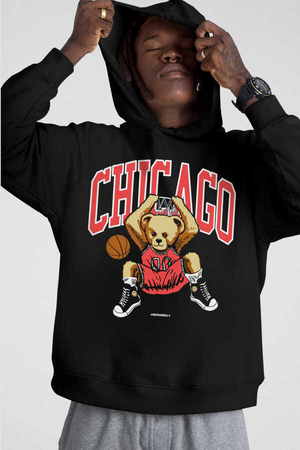 Chicago Basket Siyah Kapüşonlu Kalın Erkek Sweatshirt - Thumbnail