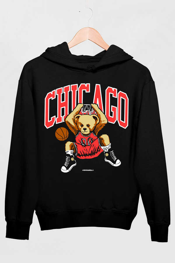 Chicago Basket Siyah Kapüşonlu Kalın Erkek Sweatshirt