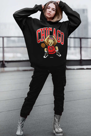 Chicago Basket Siyah Kapüşonlu Kalın Oversize Kadın Sweatshirt - Thumbnail