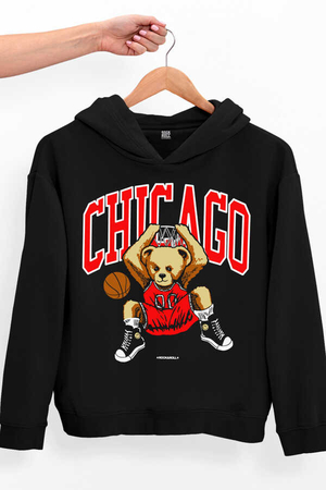 Chicago Basket Siyah Kapüşonlu Kalın Oversize Kadın Sweatshirt - Thumbnail