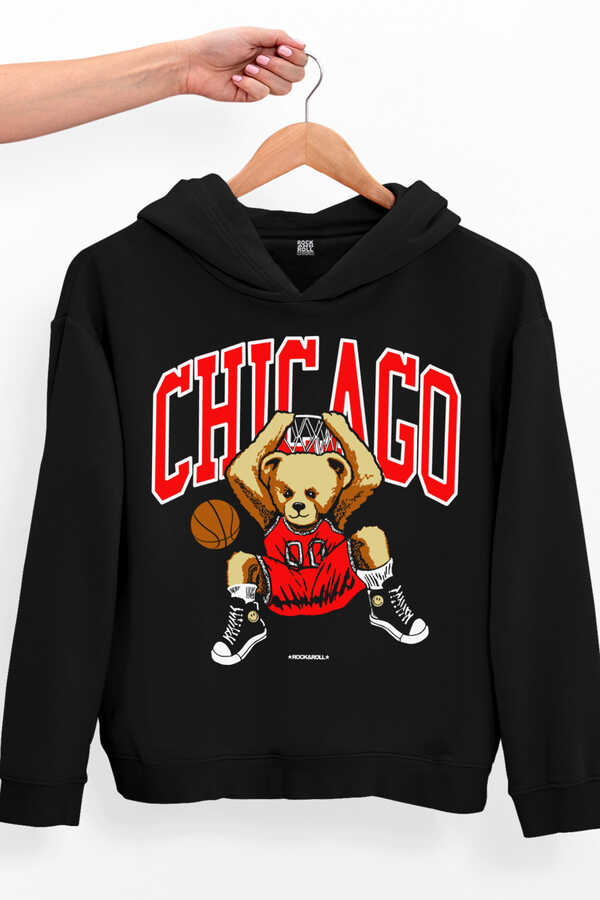 Chicago Basket Siyah Kapüşonlu Kalın Oversize Kadın Sweatshirt