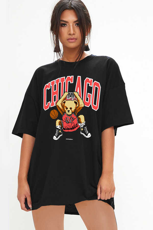 Chicago Basket Siyah Oversize Kısa Kollu Kadın T-shirt - Thumbnail