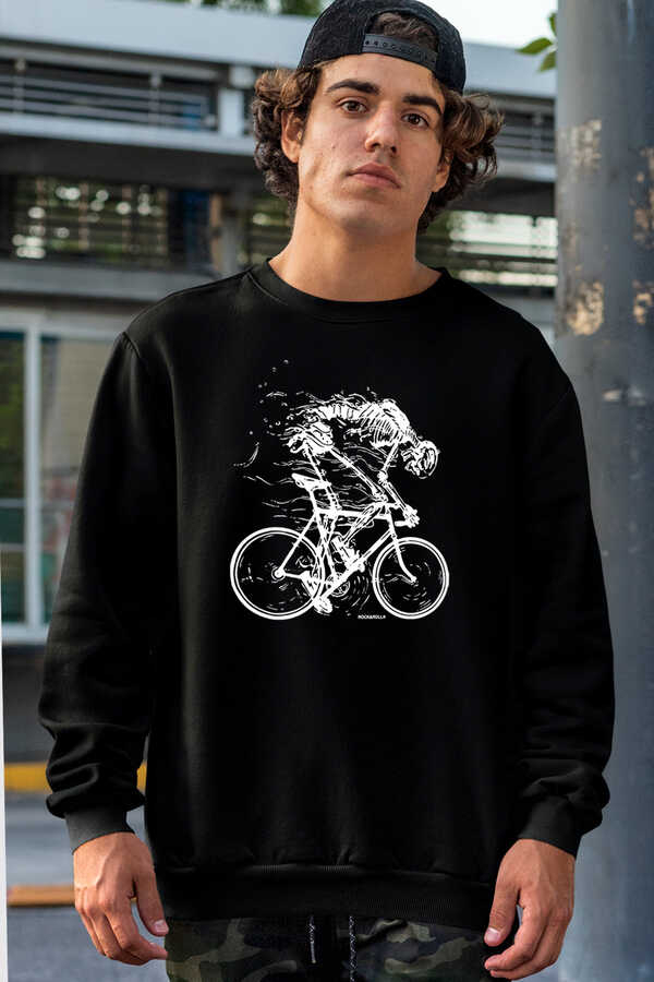 Daha Hızlı Siyah Bisiklet Yaka Kalın Erkek Sweatshirt