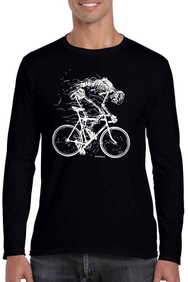 Daha Hızlı Siyah Bisiklet Yaka Uzun Kollu Penye Erkek T-shirt