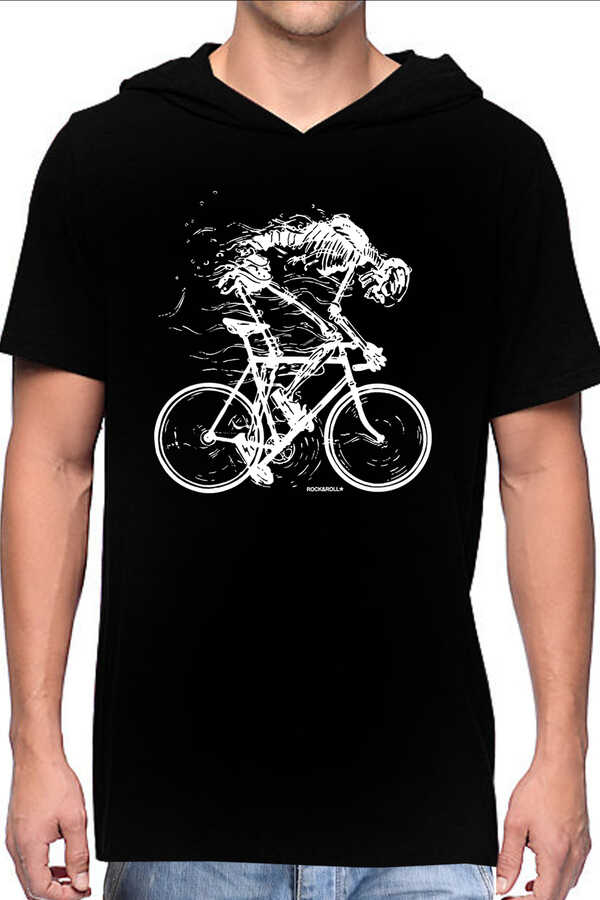 Daha Hızlı Siyah Kapşonlu Kısa Kollu Erkek T-shirt
