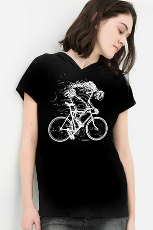  - Daha Hızlı Siyah Kapşonlu Kısa Kollu Kadın T-shirt