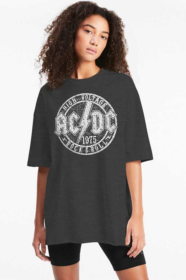 Dairede ACDC Antrasit Oversize Kısa Kollu Kadın T-shirt