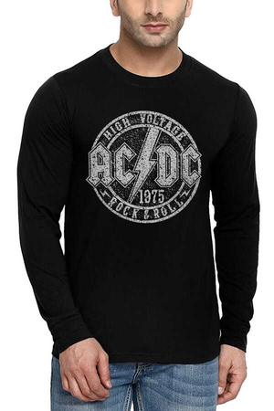 Dairede ACDC Siyah Bisiklet Yaka Uzun Kollu Penye Erkek T-shirt - Thumbnail