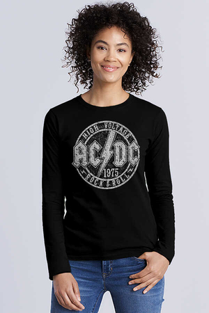  - Dairede ACDC Siyah Bisiklet Yaka Uzun Kollu Penye Kadın T-shirt