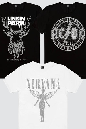Rock & Roll - Dairede ACDC Siyah, Melek Nirvana Beyaz, Geometrik Geyik Erkek 3'lü Eko Paket T-shirt