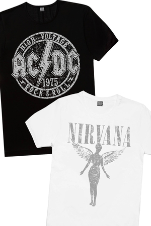 Rock & Roll - Dairede ACDC Siyah, Melek Nirvana Beyaz Kadın 2'li Eko Paket T-shirt