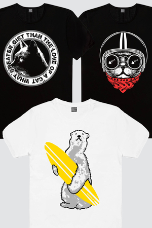 Rock & Roll - Dairede Kedi Kafası, Kasklı Kedi, Kutup Sörfü Erkek 3'lü Eko Paket T-shirt