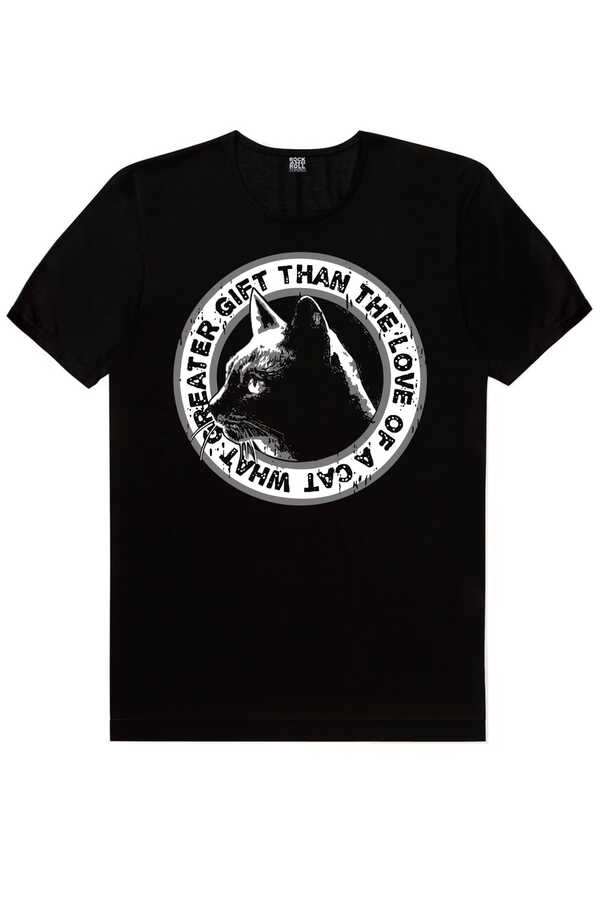 Dairede Kedi Kafası Kısa Kollu Siyah Erkek T-shirt