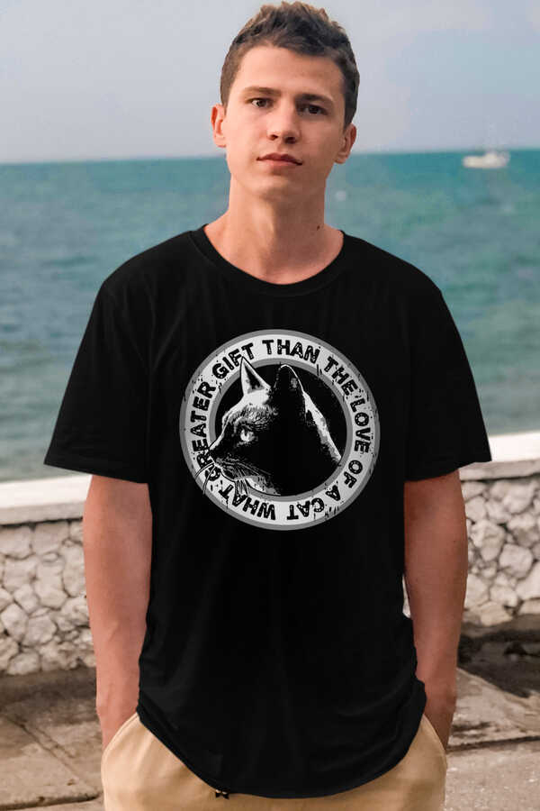Dairede Kedi Kafası Kısa Kollu Siyah Erkek T-shirt