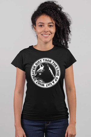 Dairede Kedi Kafası Kısa Kollu Siyah Kadın T-shirt - Thumbnail