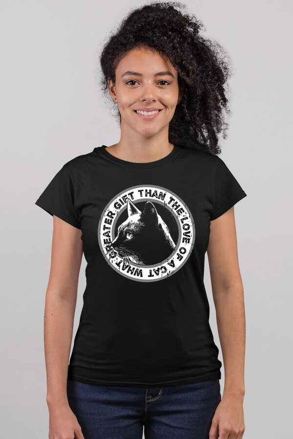 Dairede Kedi Kafası Kısa Kollu Siyah Kadın T-shirt