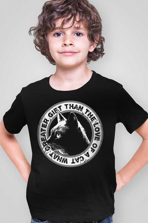 Dairede Kedi Kafası Siyah Kısa Kollu Çocuk T-shirt - Thumbnail