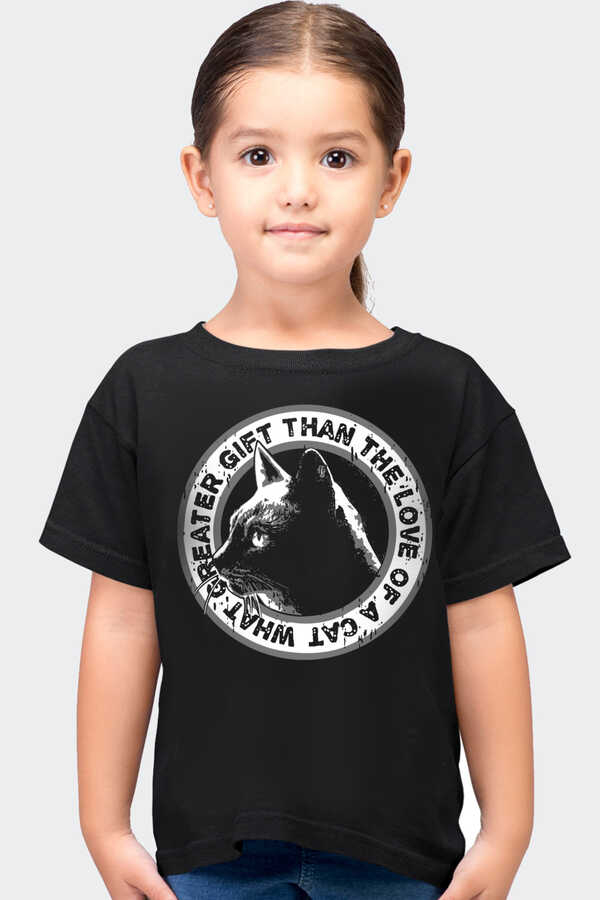 Dairede Kedi Kafası Siyah Kısa Kollu Çocuk T-shirt