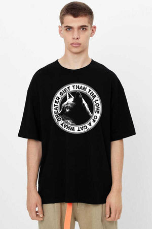 Dairede Kedi Kafası Siyah Oversize Kısa Kollu Erkek T-shirt - Thumbnail