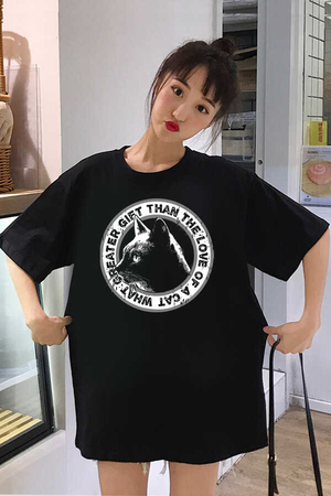 Dairede Kedi Kafası Siyah Oversize Kısa Kollu Kadın T-shirt - Thumbnail