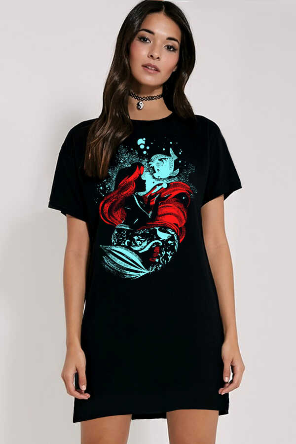Deniz Kızı Kısa Kollu Penye Kadın | Bayan Siyah T-shirt Elbise