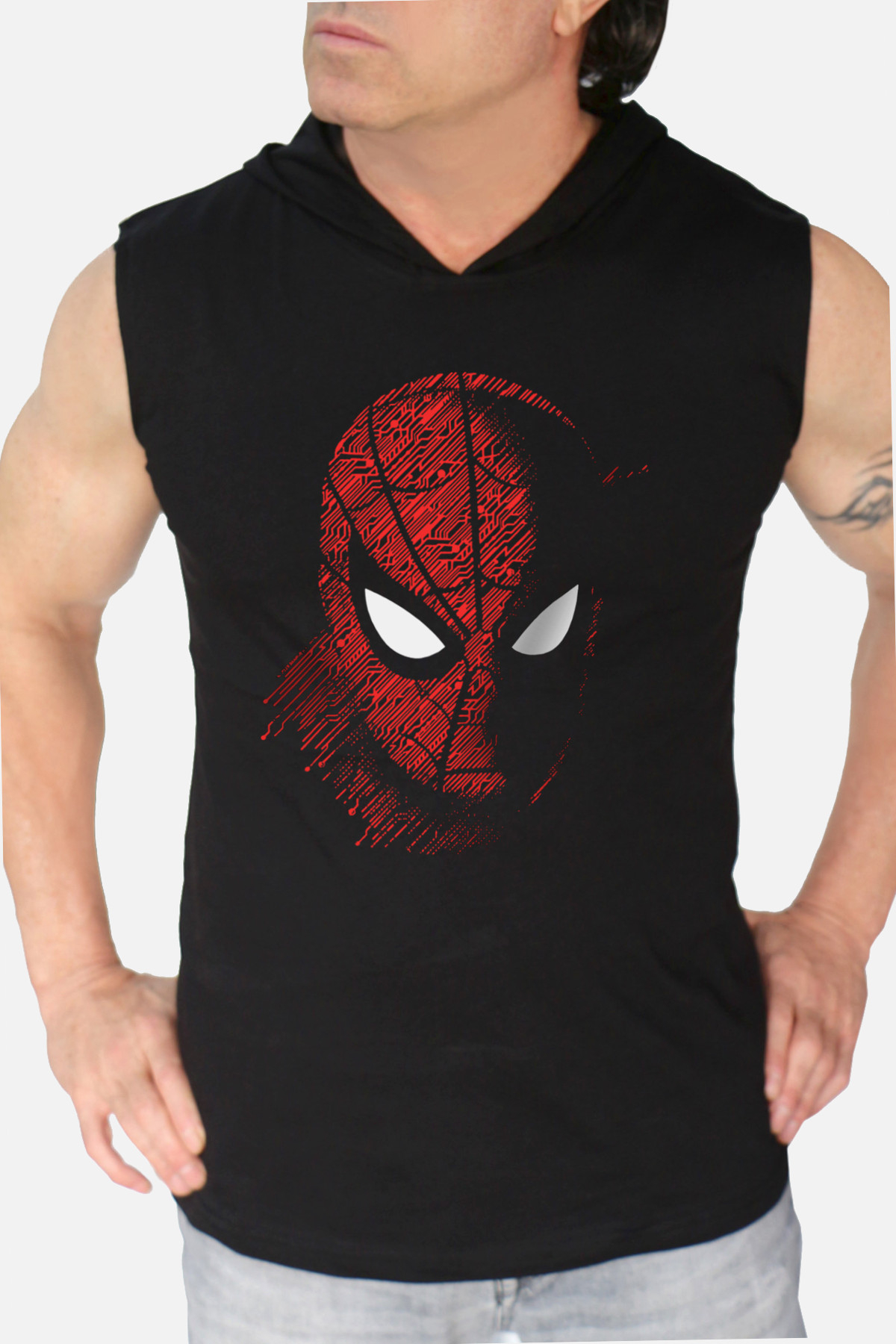 Dijital Örümcek Siyah Kapşonlu | Kolsuz Erkek Atlet T-shirt