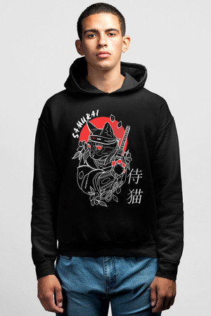 Rock & Roll - Kedi Samuray Siyah Kapüşonlu Erkek Sweatshirt