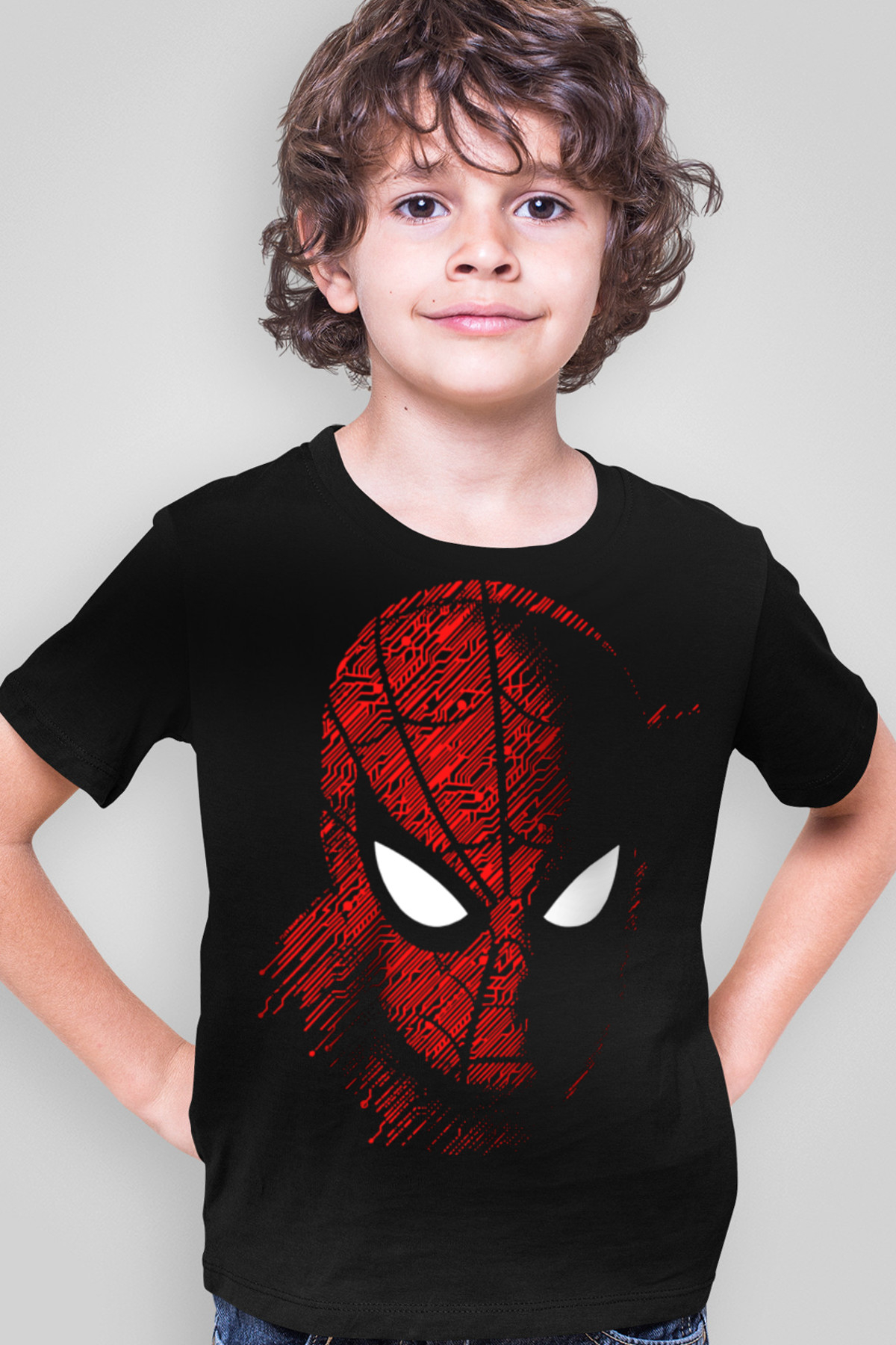 Dijital Örümcek Siyah Kısa Kollu Erkek Çocuk T-shirt