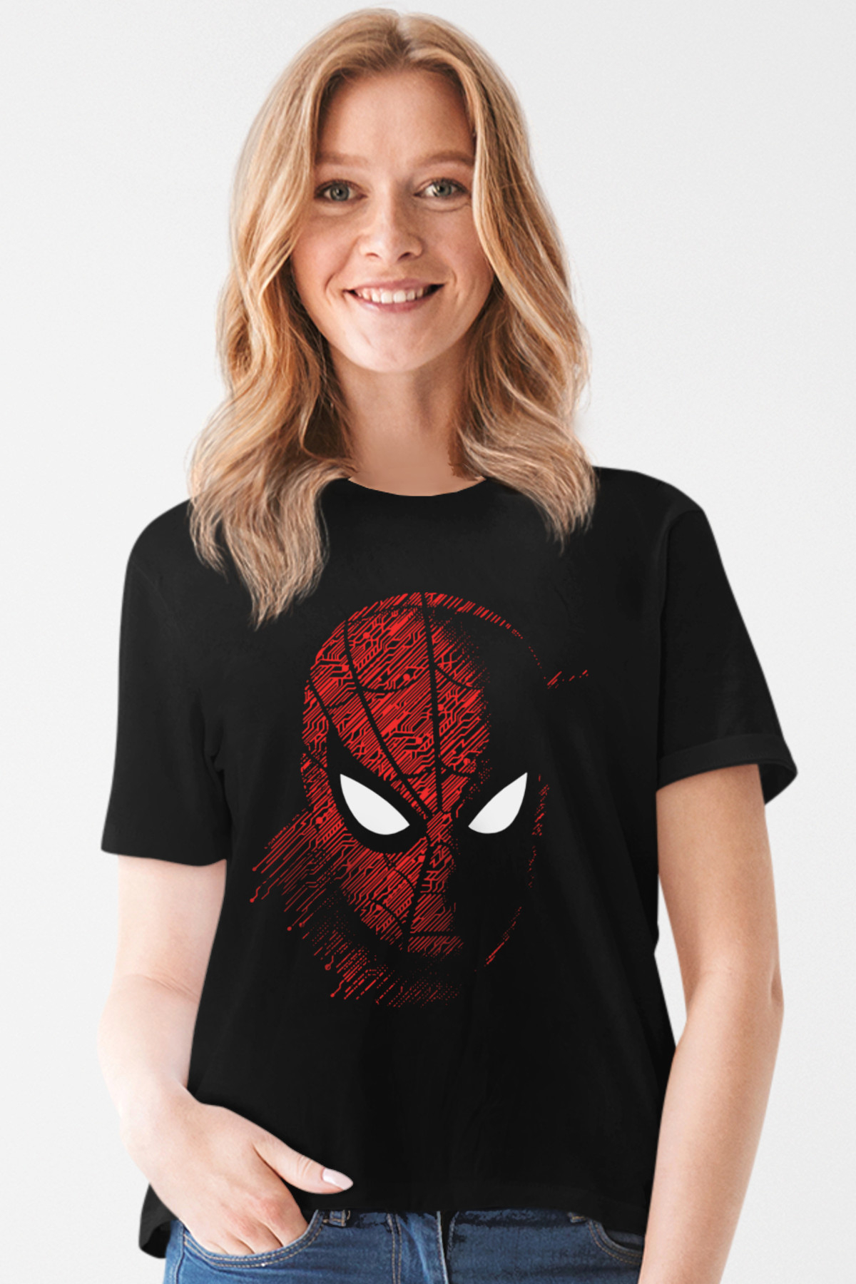 Dijital Örümcek Siyah Kısa Kollu Kadın T-shirt