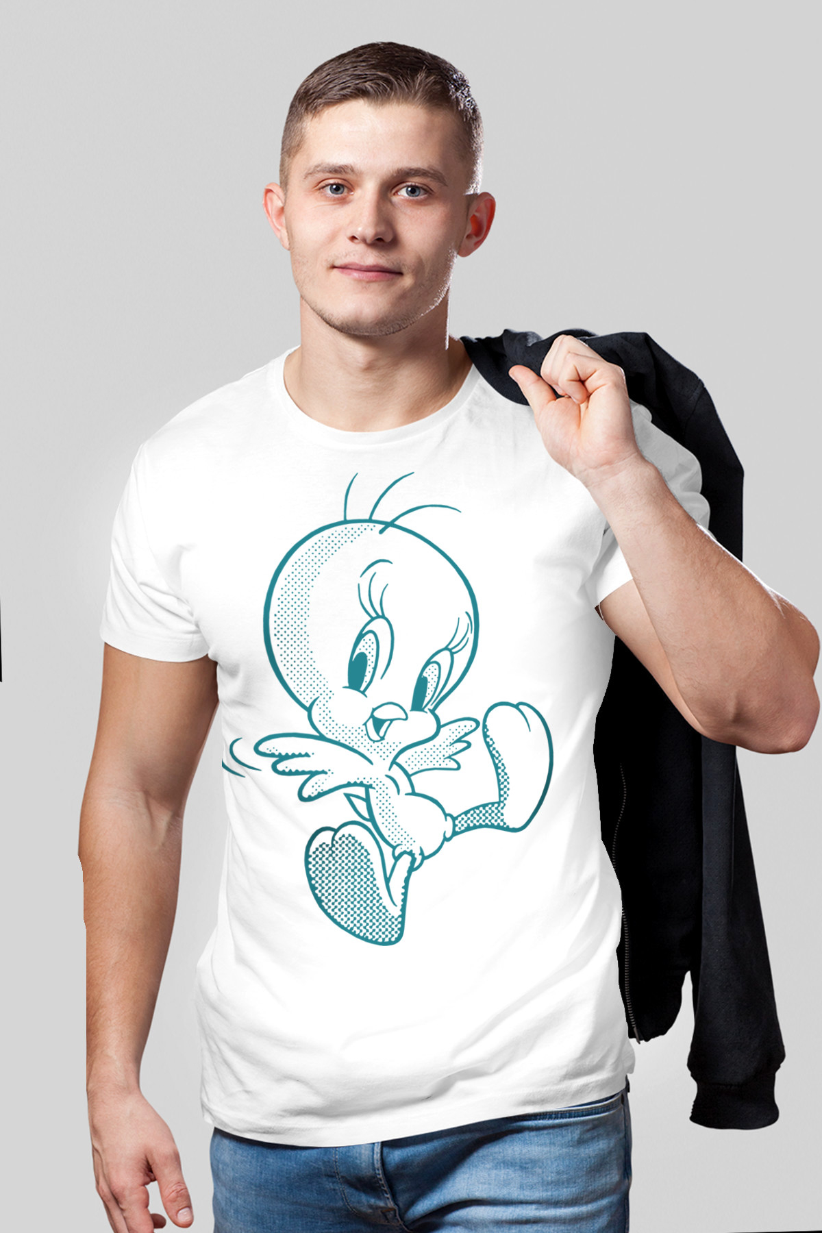 Neşeli Kuş Beyaz Kısa Kollu Erkek T-shirt