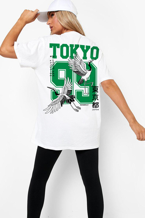  - Tokyo 99 Beyaz Arka Baskılı Oversize Kısa Kollu T-shirt
