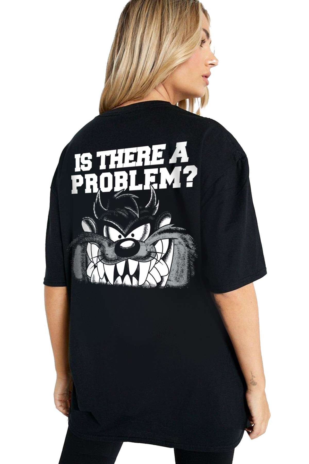Taz Problem Siyah Kısa Kollu Arka Baskılı Oversize Kadın T-shirt