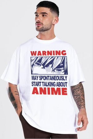  - Dikkat Anime Beyaz Oversize Kısa Kollu Erkek T-shirt