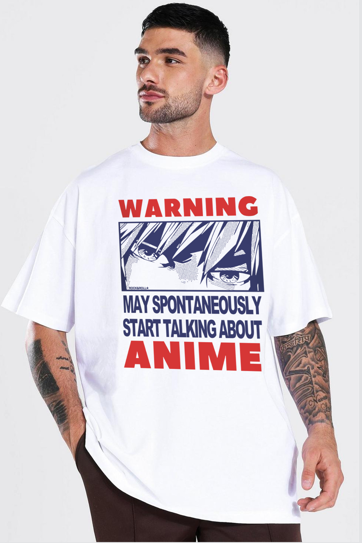 Dikkat Anime Beyaz Oversize Kısa Kollu Erkek T-shirt